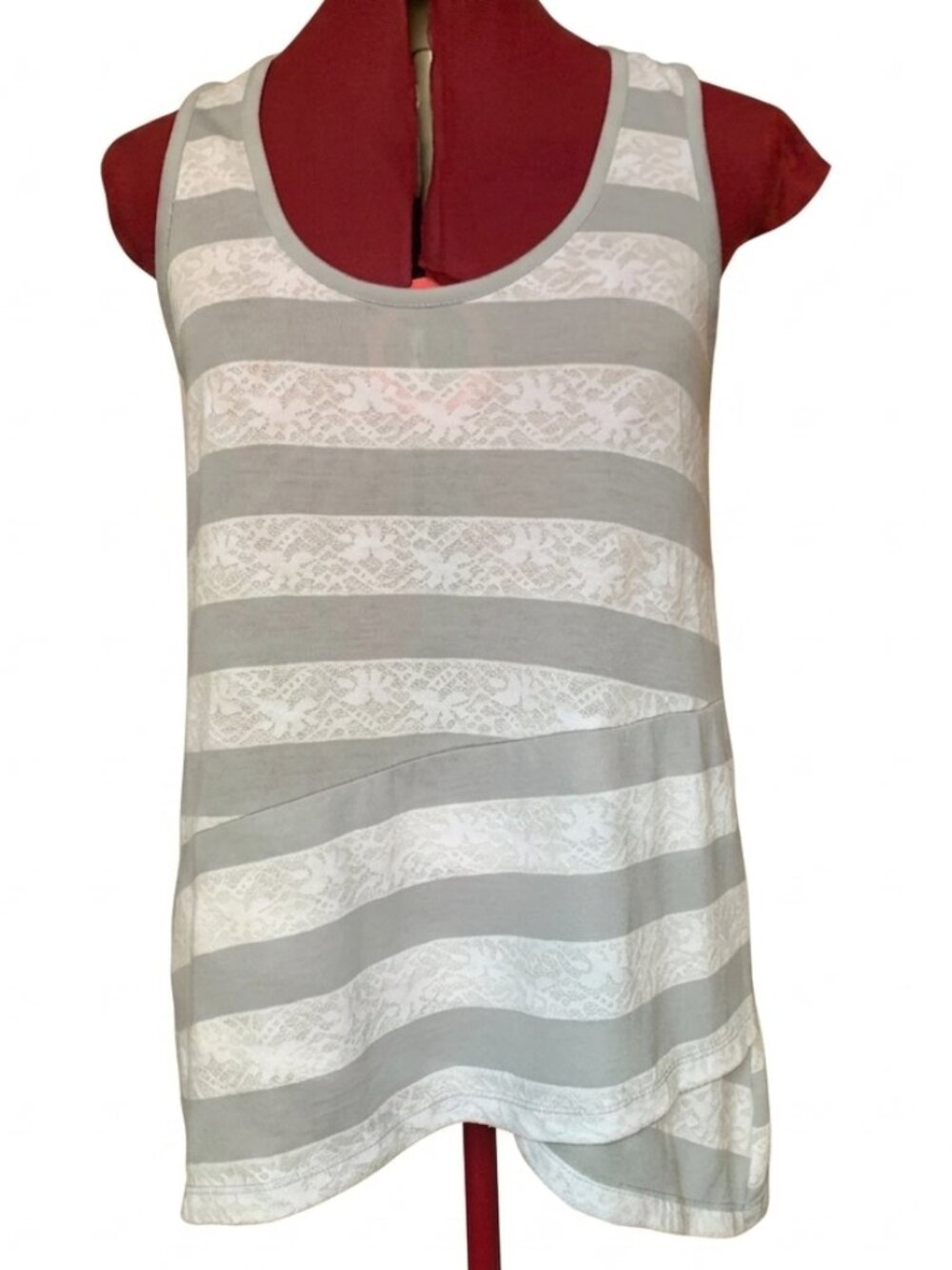 DESIGN HISTORY -  Sleeveless Lace-Stripe Asymmetrical Tank Top - Gray & White XL